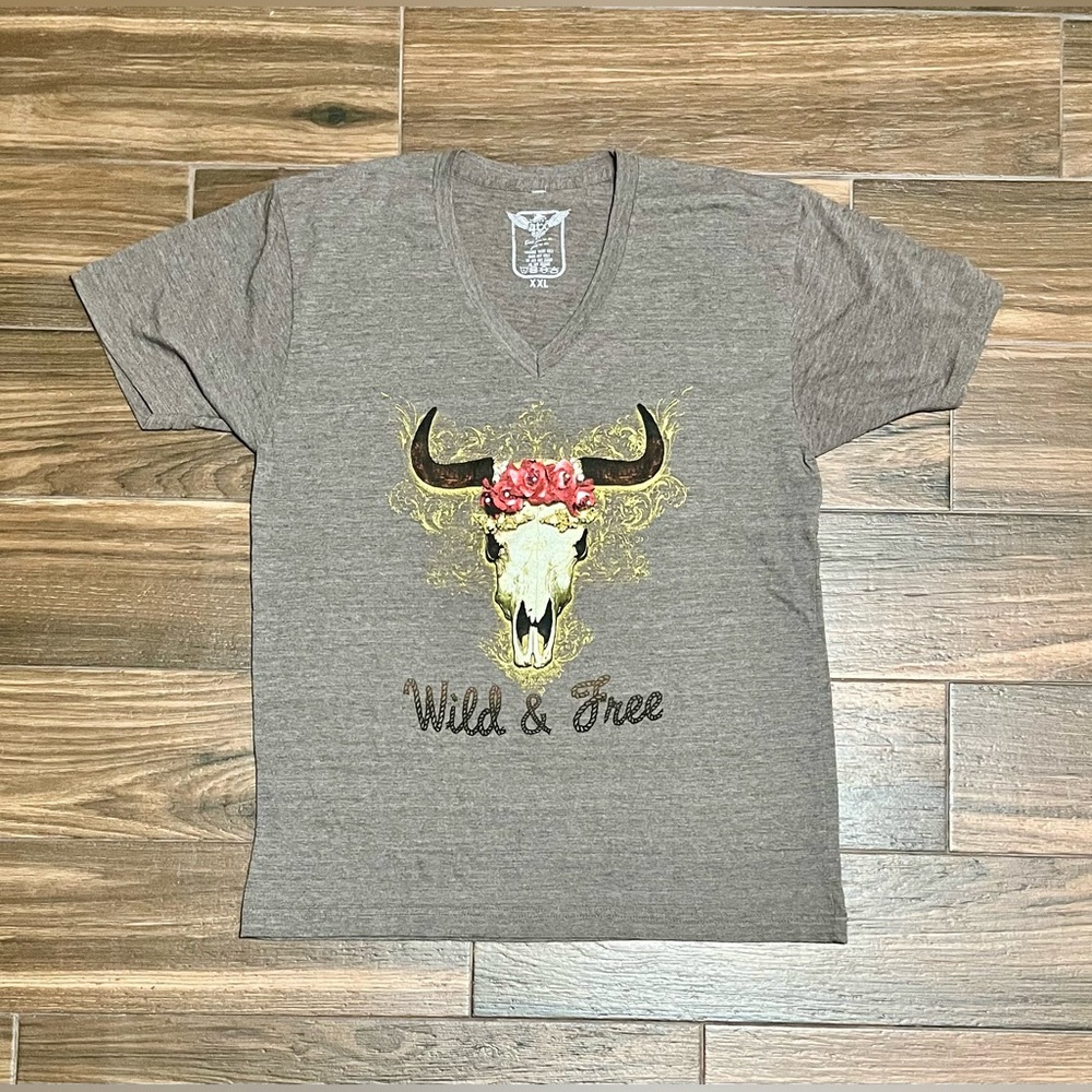 Atx Mafia Gray Tee‎ with Skull and Floral Design